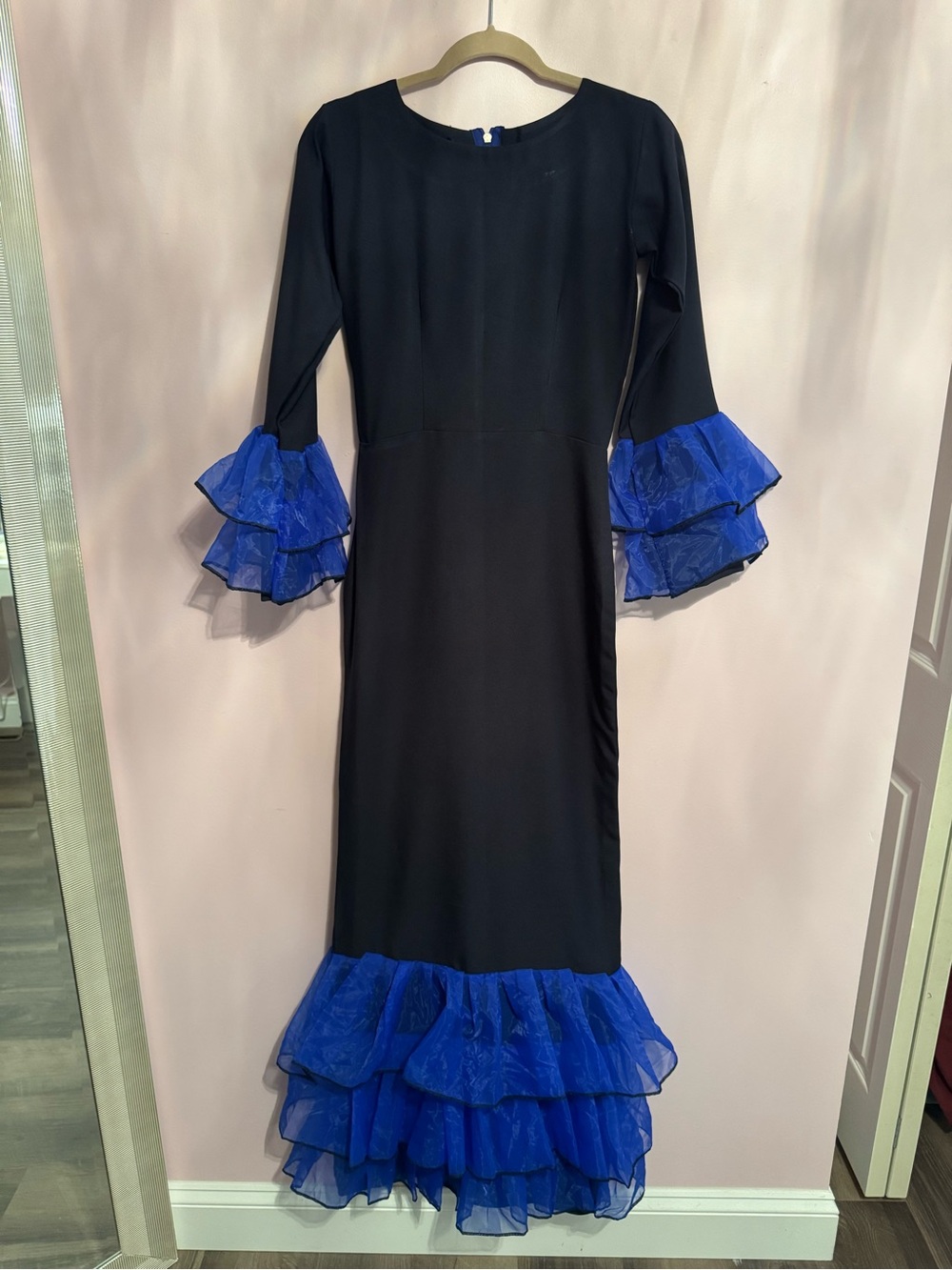 Elegant Navy Blue Dress with Royal Blue Ruffle Details